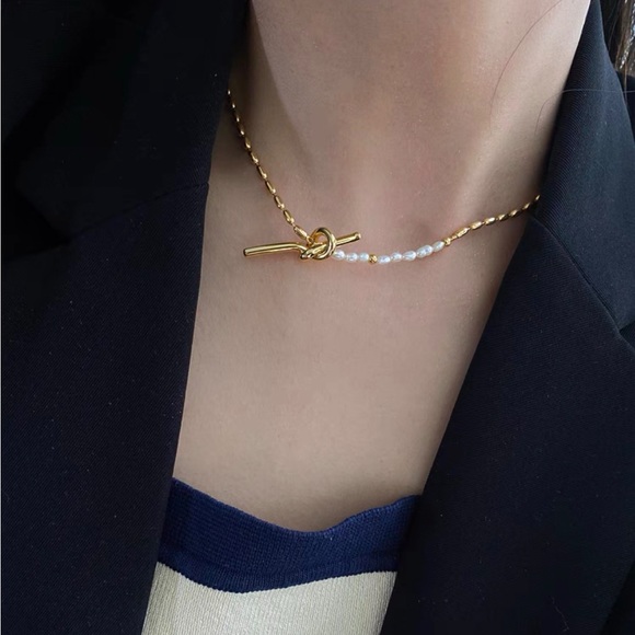 Gold Pearl Knots Chain Necklace, 18k Gold and 925 Sterling Silver - Picture 7 of 9